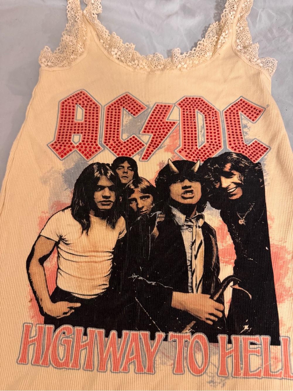 AC/DC Cream Lace-Trim Tank Top with Red & Black Graphic